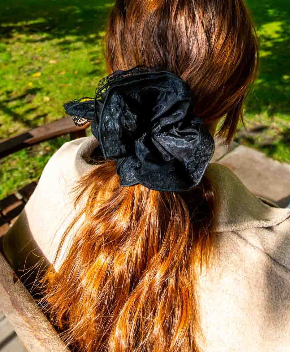 2 for 15: Gorgeous XL Gothic Raven-Black Chiffon/Lace Scrunchie and White and Black Jumbo Chiffon/Lace Scrunchie