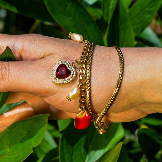 Romantic Golden Charm Bracelet with Petal, Angel, Ruby Heart and Pink Mother Pearls