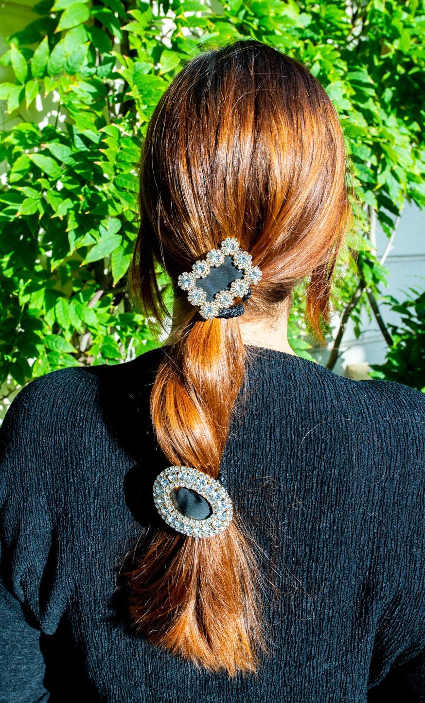 Spellbinding Rectangular Baroque Full Rhinestone Hair Ties With Round Elastic black Scrunchie tie.