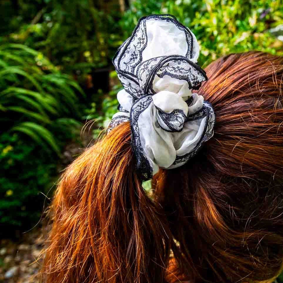 XL White and Black Chiffon-Lace Chic Scrunchie