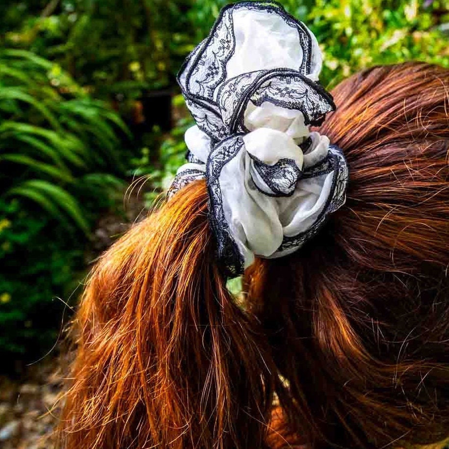 2 for 15: Gorgeous XL Gothic Raven-Black Chiffon/Lace Scrunchie and White and Black Jumbo Chiffon/Lace Scrunchie