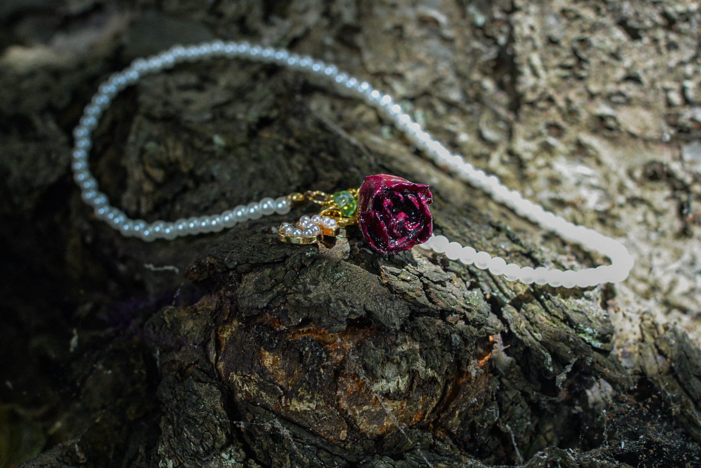 Beautiful Red Rose Pendant and Initial Charm on Pearl Choker