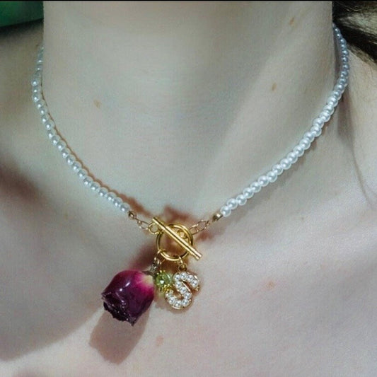 Beautiful Red Rose Pendant and Initial Charm on Pearl Choker