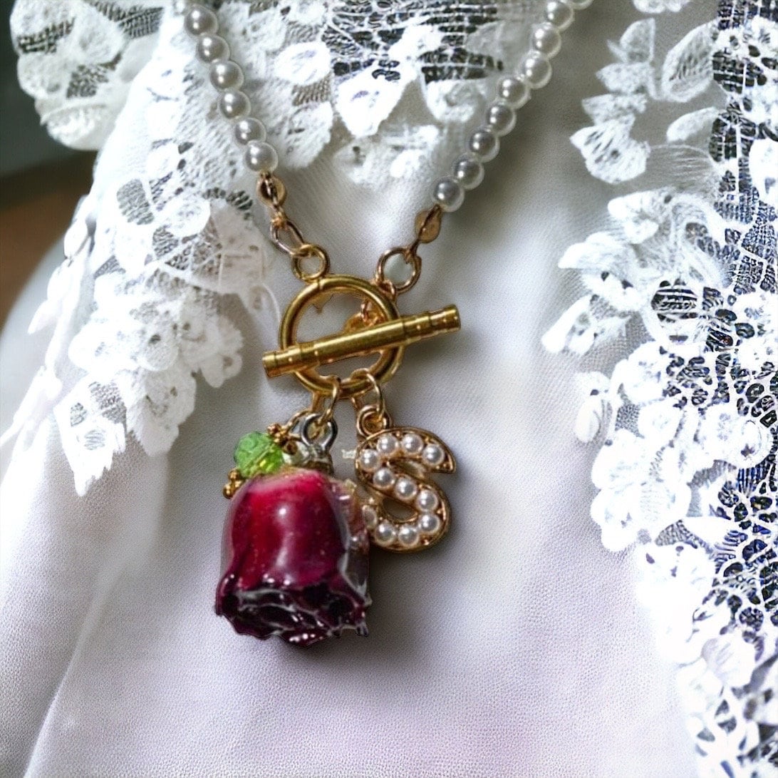 Beautiful Red Rose Pendant and Initial Charm on Pearl Choker