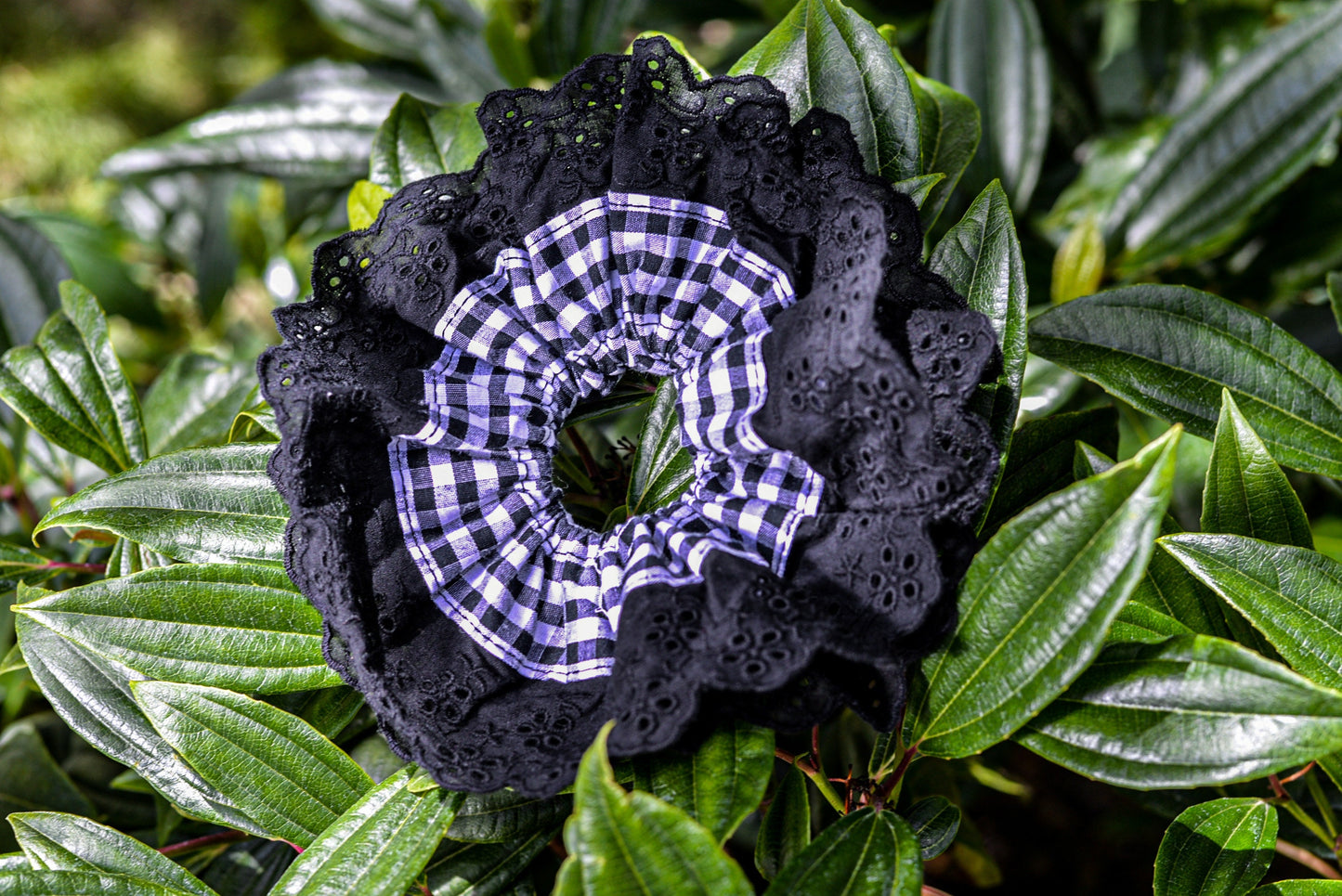 XL Gingham Scrunchie: Black Lace Trim, Soft Elastic Hair Tie