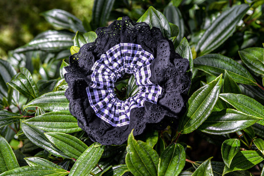 XL Gingham Scrunchie: Black Lace Trim, Soft Elastic Hair Tie