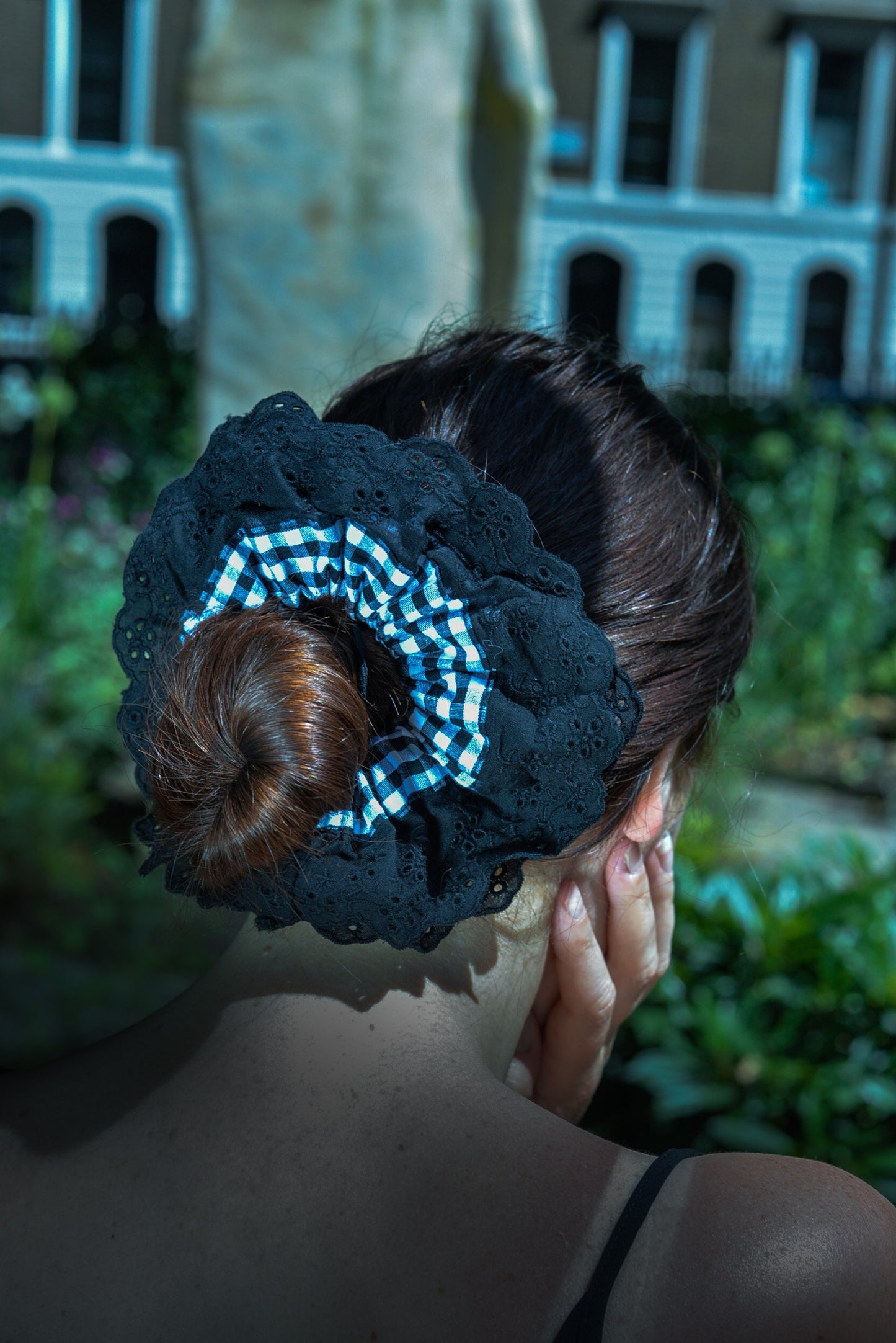 XL Gingham Scrunchie: Black Lace Trim, Soft Elastic Hair Tie