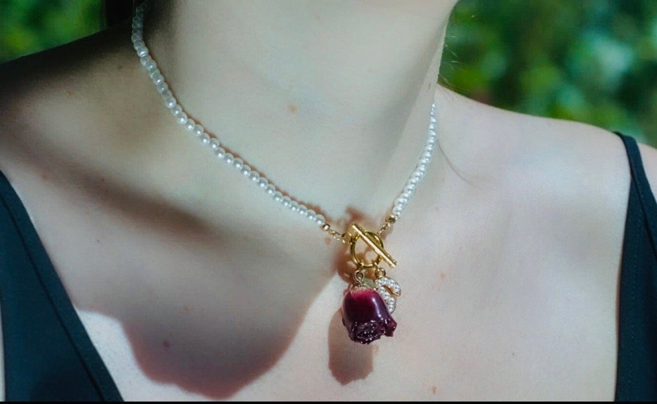 Beautiful Red Rose Pendant and Initial Charm on Pearl Choker