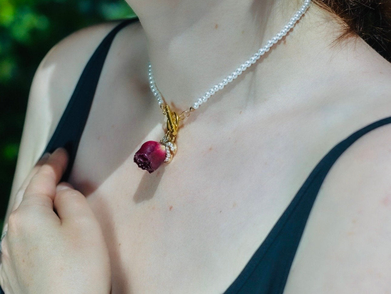 Beautiful Red Rose Pendant and Initial Charm on Pearl Choker