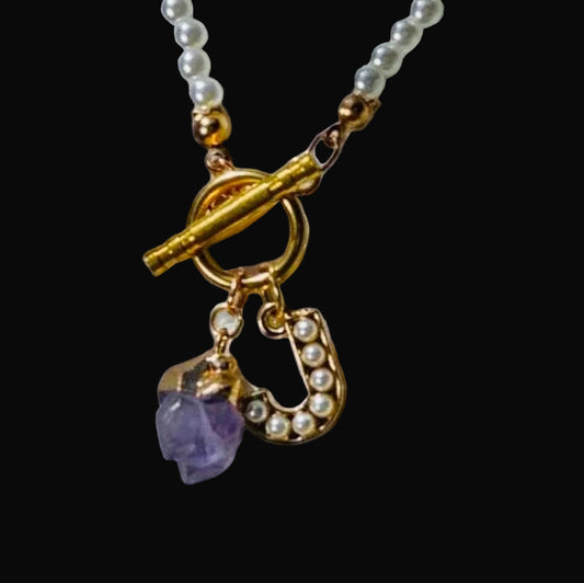 Personalized Pearl Choker with Amethyst and Pearl Initial Charms