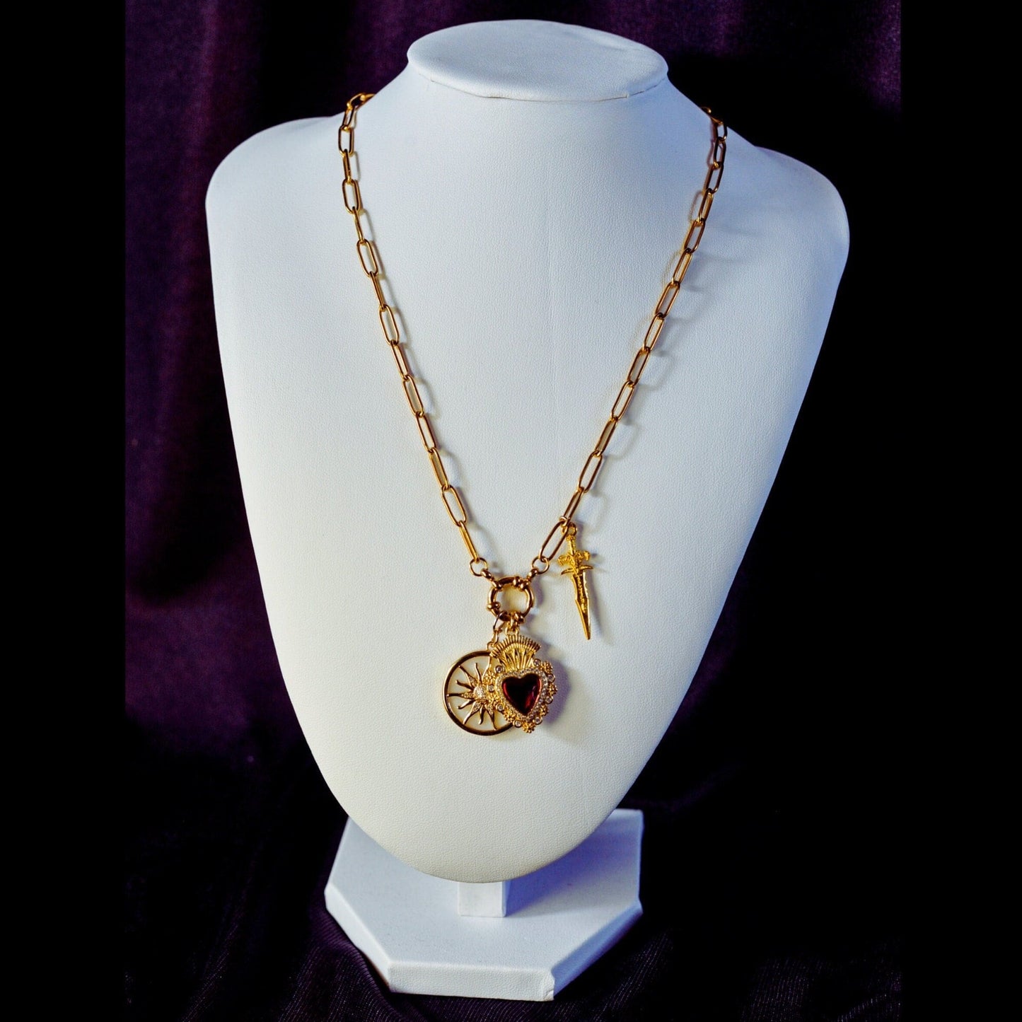 Romeo & Juliet Charm Necklace: Sacred Heart, Sun, Dagger