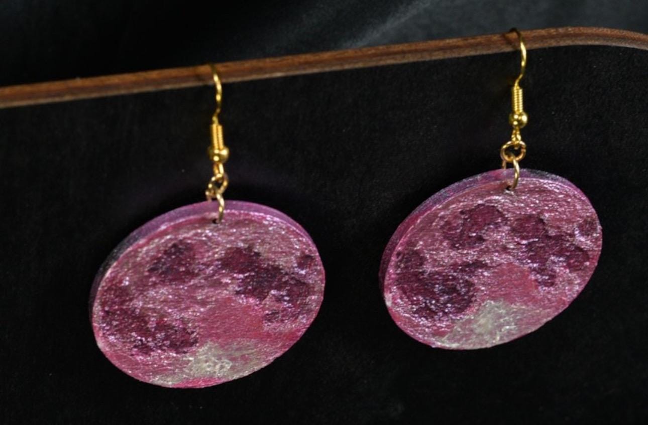 Hand Painted Wooden Strawberry Moon Earrings: Boho Celestial Jewelry