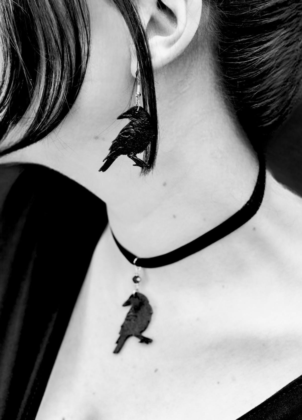 Gothic Raven Earrings: Hand-Painted Wooden Dangly Earrings