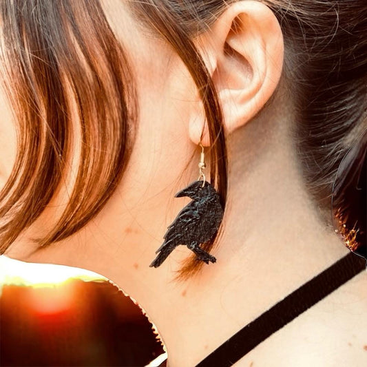 Gothic Raven Earrings: Hand-Painted Wooden Dangly Earrings
