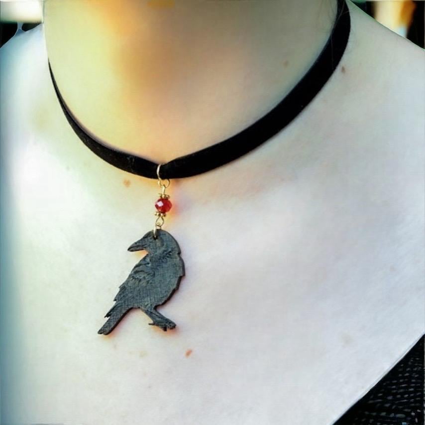 Gothic Velvet Choker: Wooden Black Raven Pendant, Red Bead