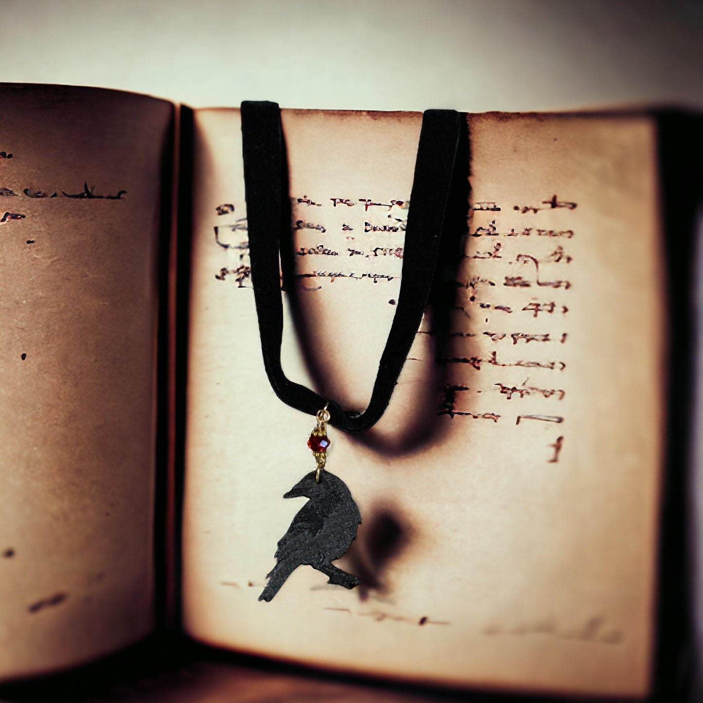 Gothic Velvet Choker: Wooden Black Raven Pendant, Red Bead