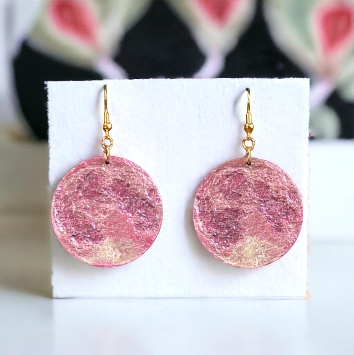 Hand Painted Wooden Strawberry Moon Earrings: Boho Celestial Jewelry