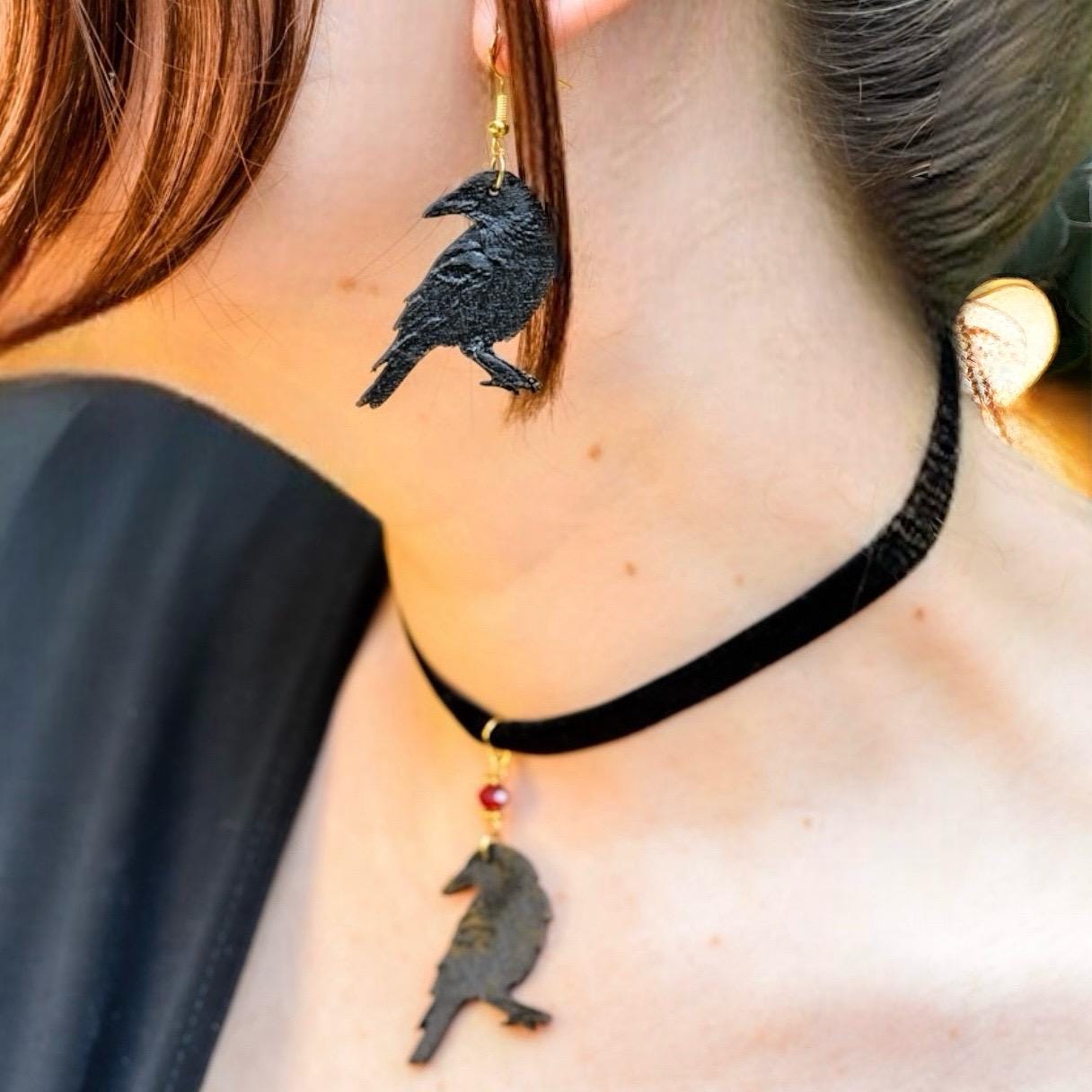 Gothic Velvet Choker: Wooden Black Raven Pendant, Red Bead