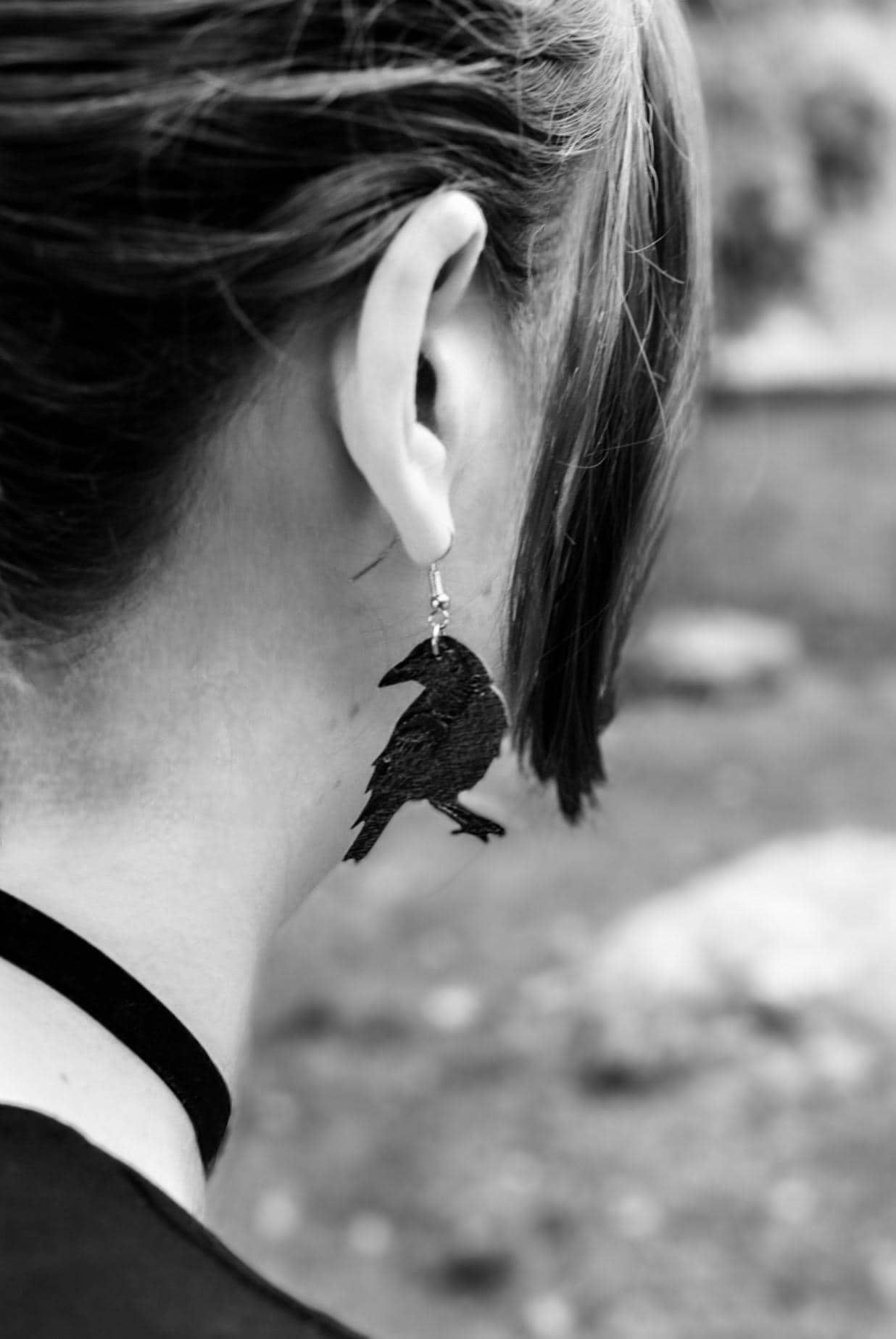 Gothic Raven Earrings: Hand-Painted Wooden Dangly Earrings