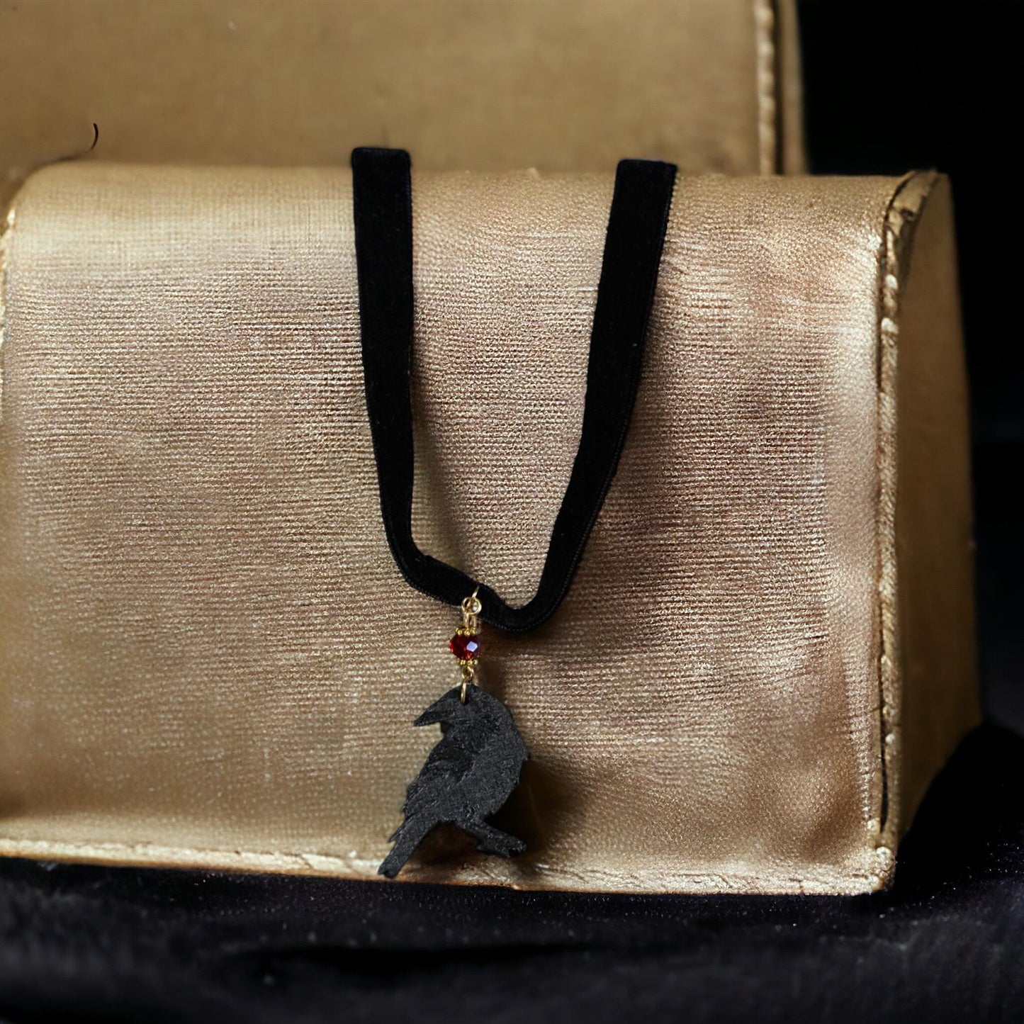 Gothic Velvet Choker: Wooden Black Raven Pendant, Red Bead