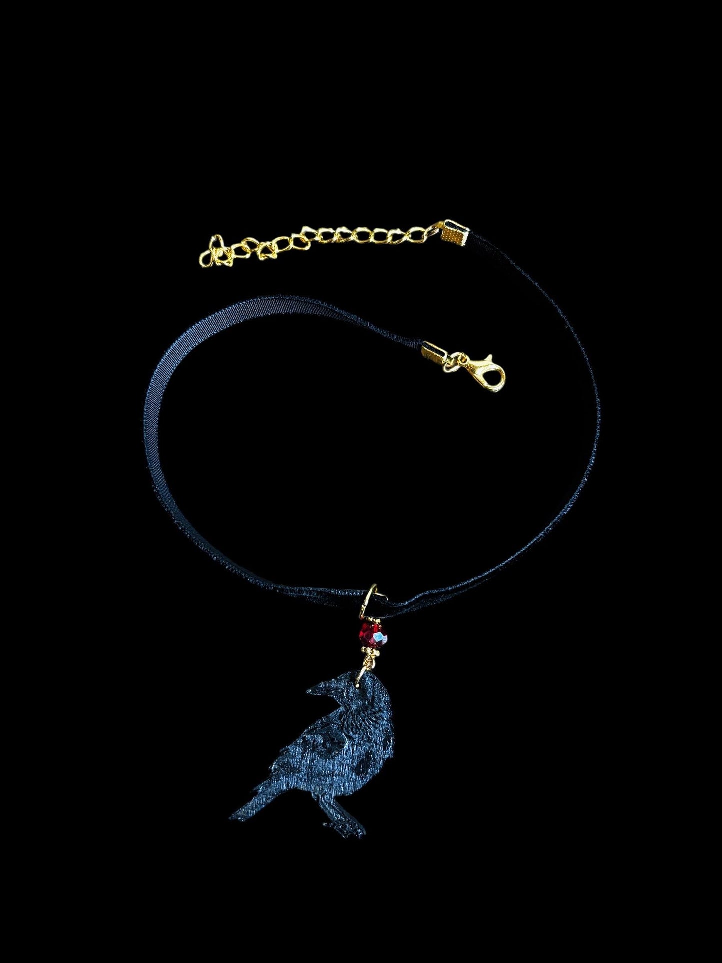 Gothic Velvet Choker: Wooden Black Raven Pendant, Red Bead
