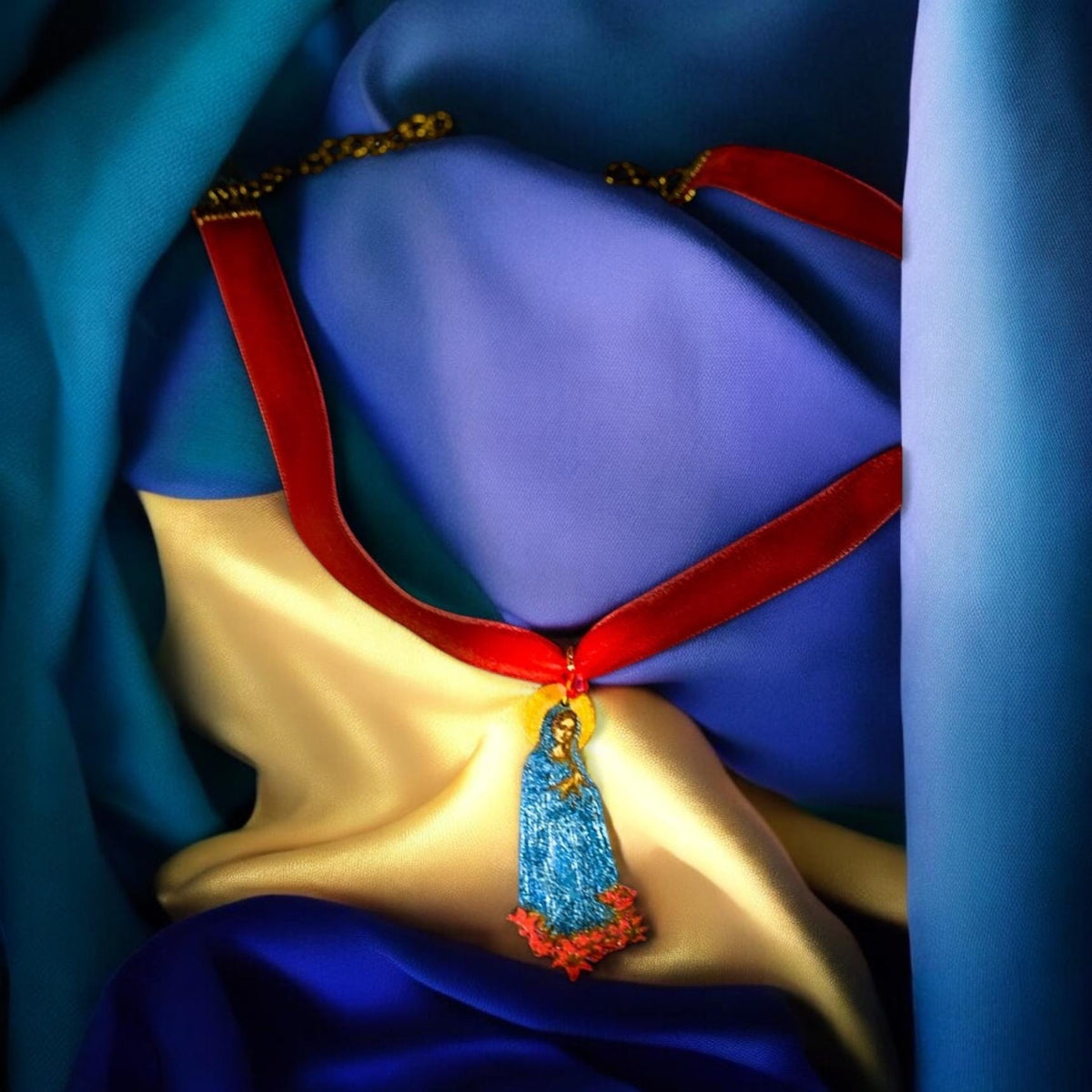 Handmade Red Velvet Choker: Metallic Virgin Mary Charm