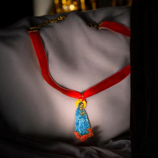 Handmade Red Velvet Choker: Metallic Virgin Mary Charm