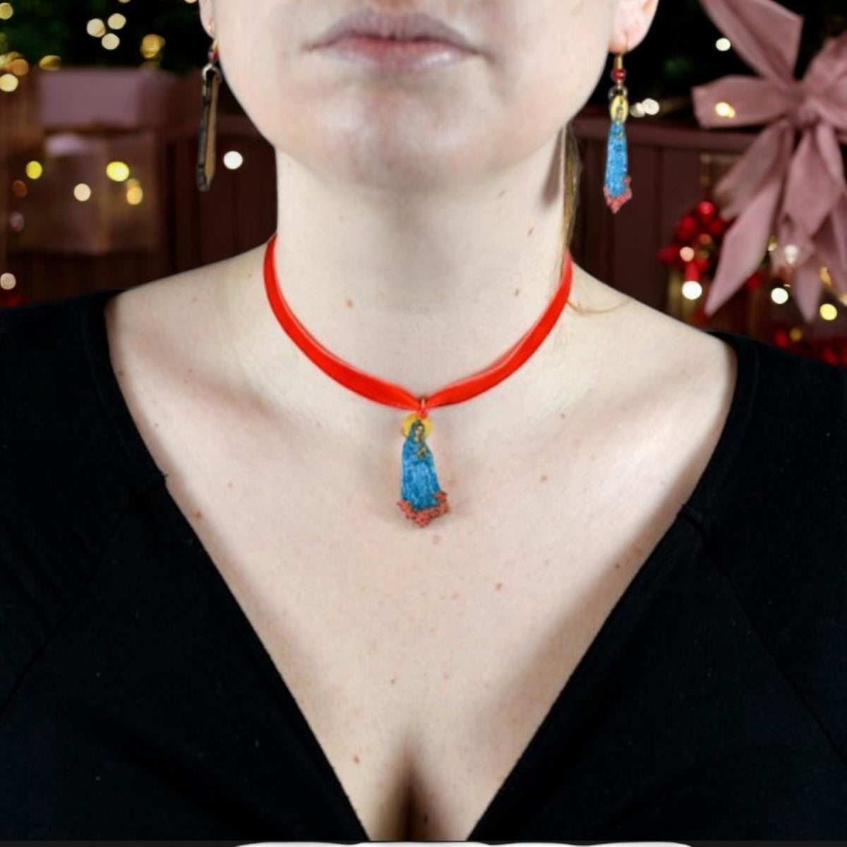 Handmade Red Velvet Choker: Metallic Virgin Mary Charm