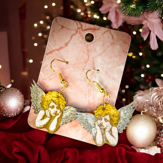 Hand-Painted Cherub Earrings: Metallic Angel Dangles