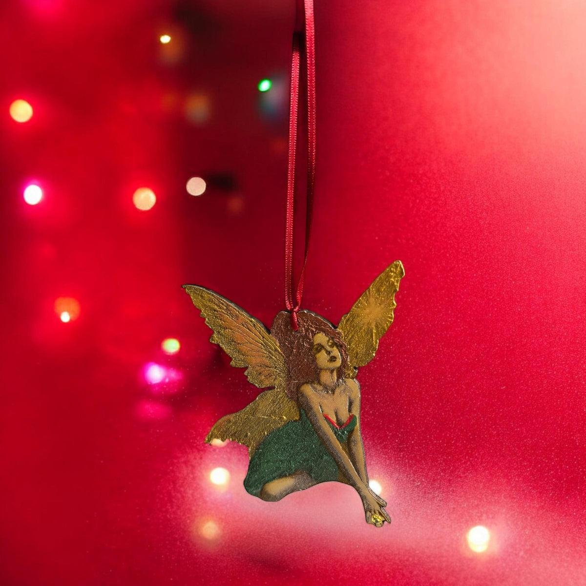 Hand-Painted Christmas Fairy Ornament: Engraved Wood with Satin Ribbon