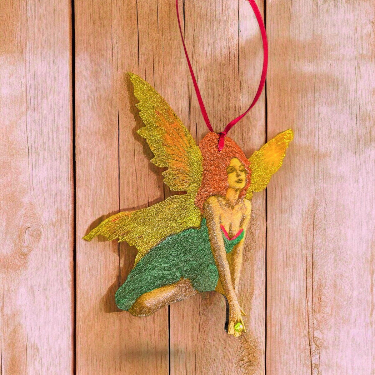 Hand-Painted Christmas Fairy Ornament: Engraved Wood with Satin Ribbon
