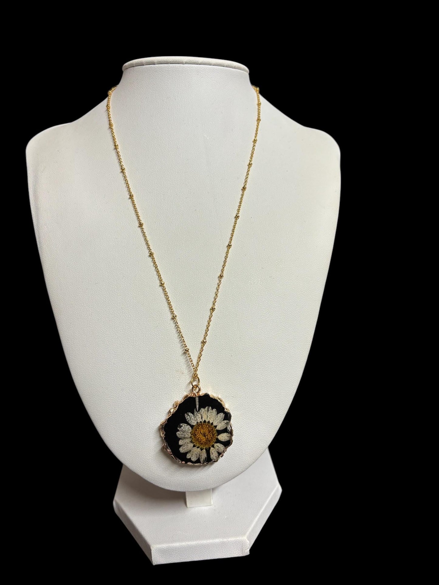 Preserved Daisy Pendant: Gold Chain Necklace
