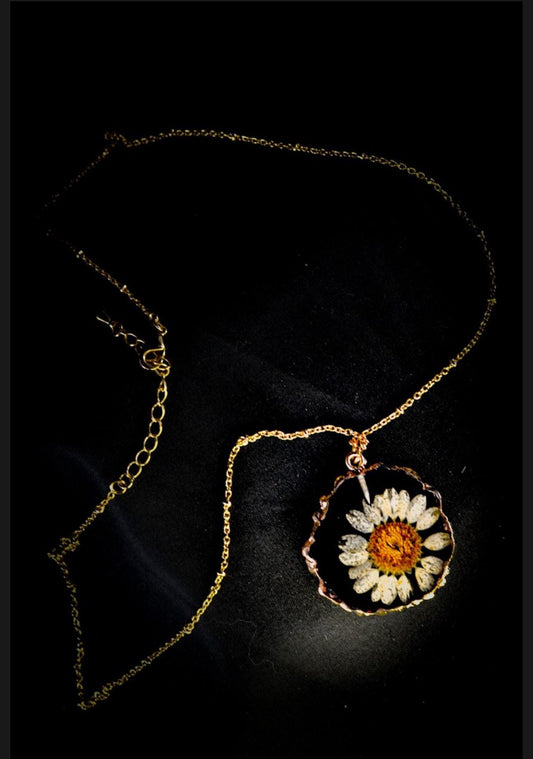 Preserved Daisy Pendant: Gold Chain Necklace