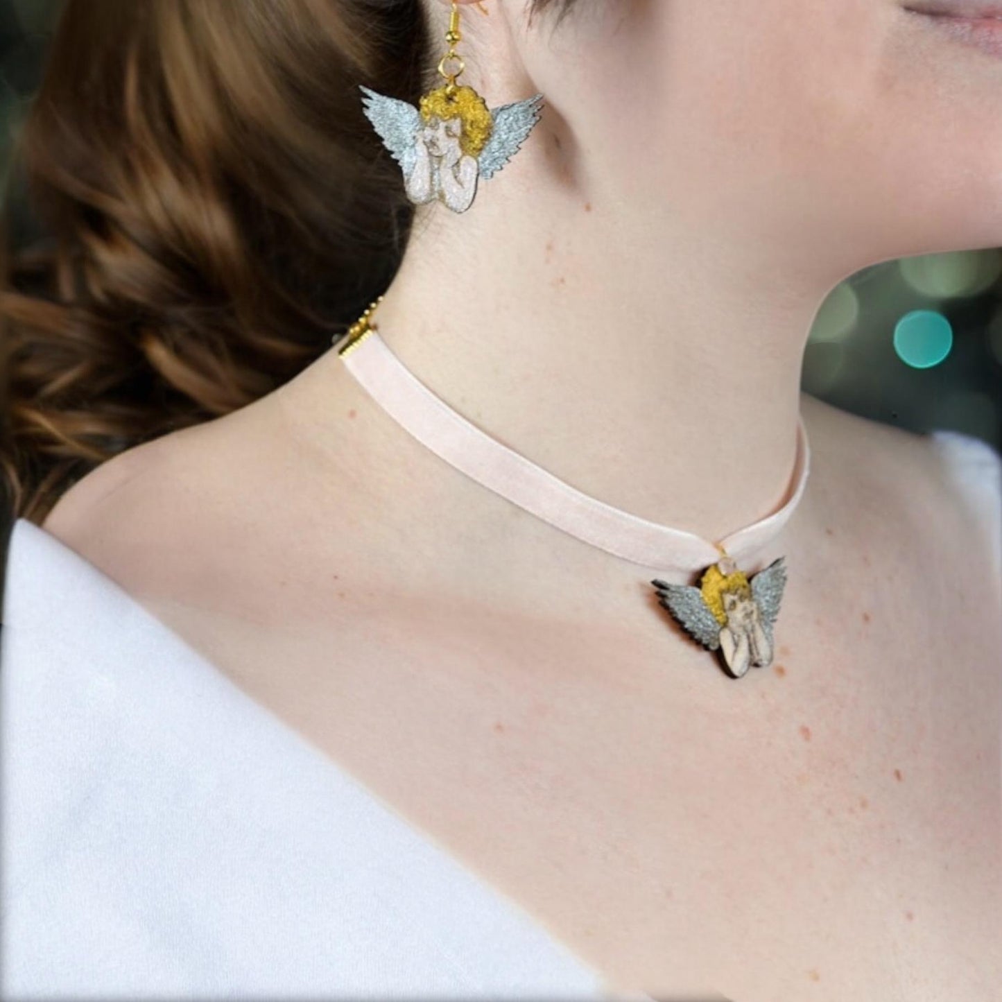 Magical Handmade Shimmering Valentine's Cherub pale pink Velvet Choker