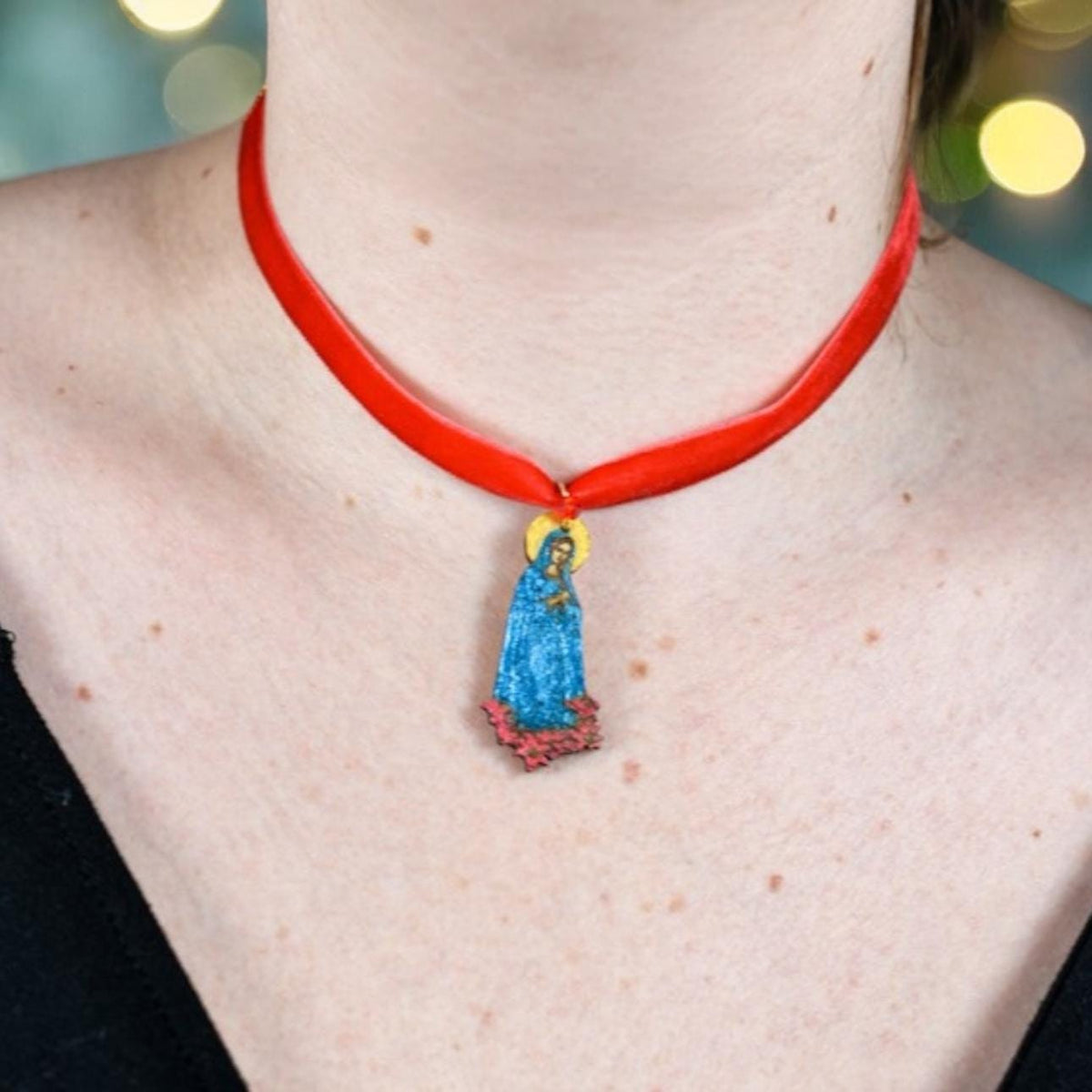 Handmade Red Velvet Choker: Metallic Virgin Mary Charm