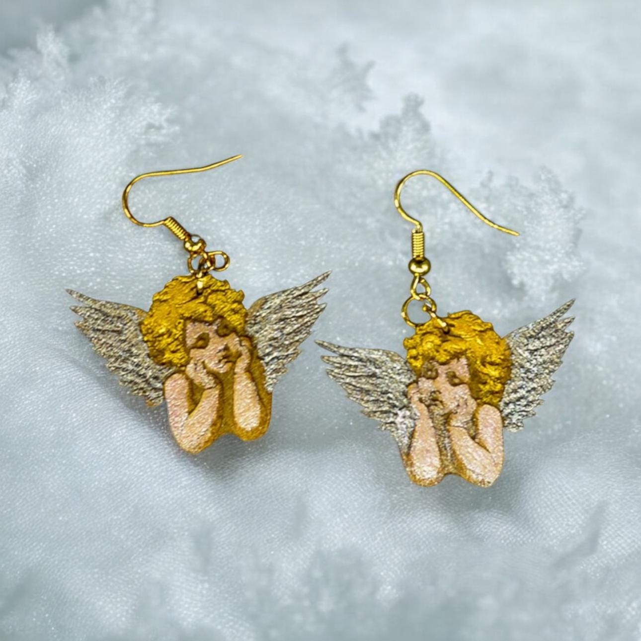 Hand-Painted Cherub Earrings: Metallic Angel Dangles