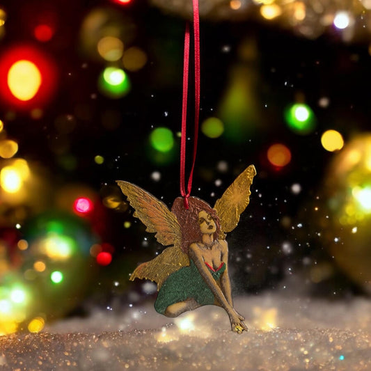 Hand-Painted Christmas Fairy Ornament: Engraved Wood with Satin Ribbon