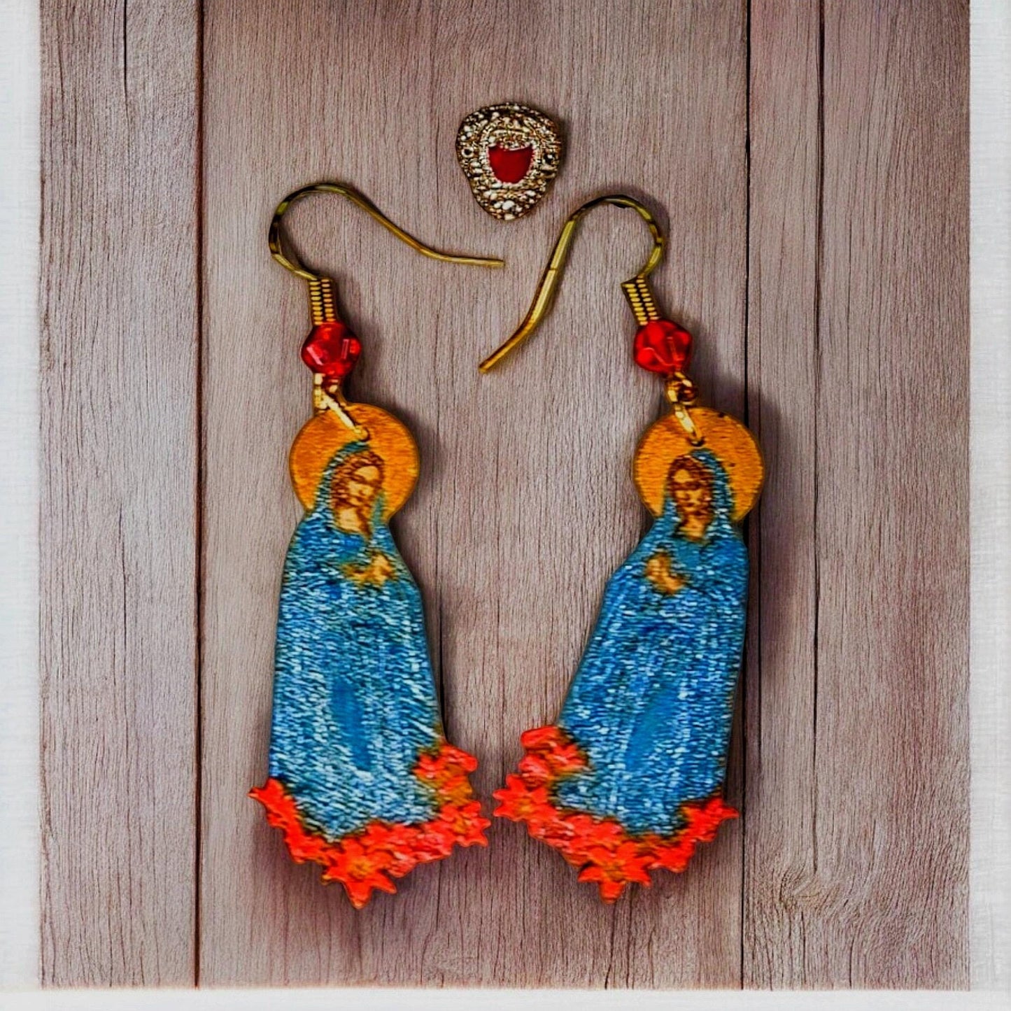 Hand-Painted Virgin Mary Earrings: Metallic Nativity Wood Dangles