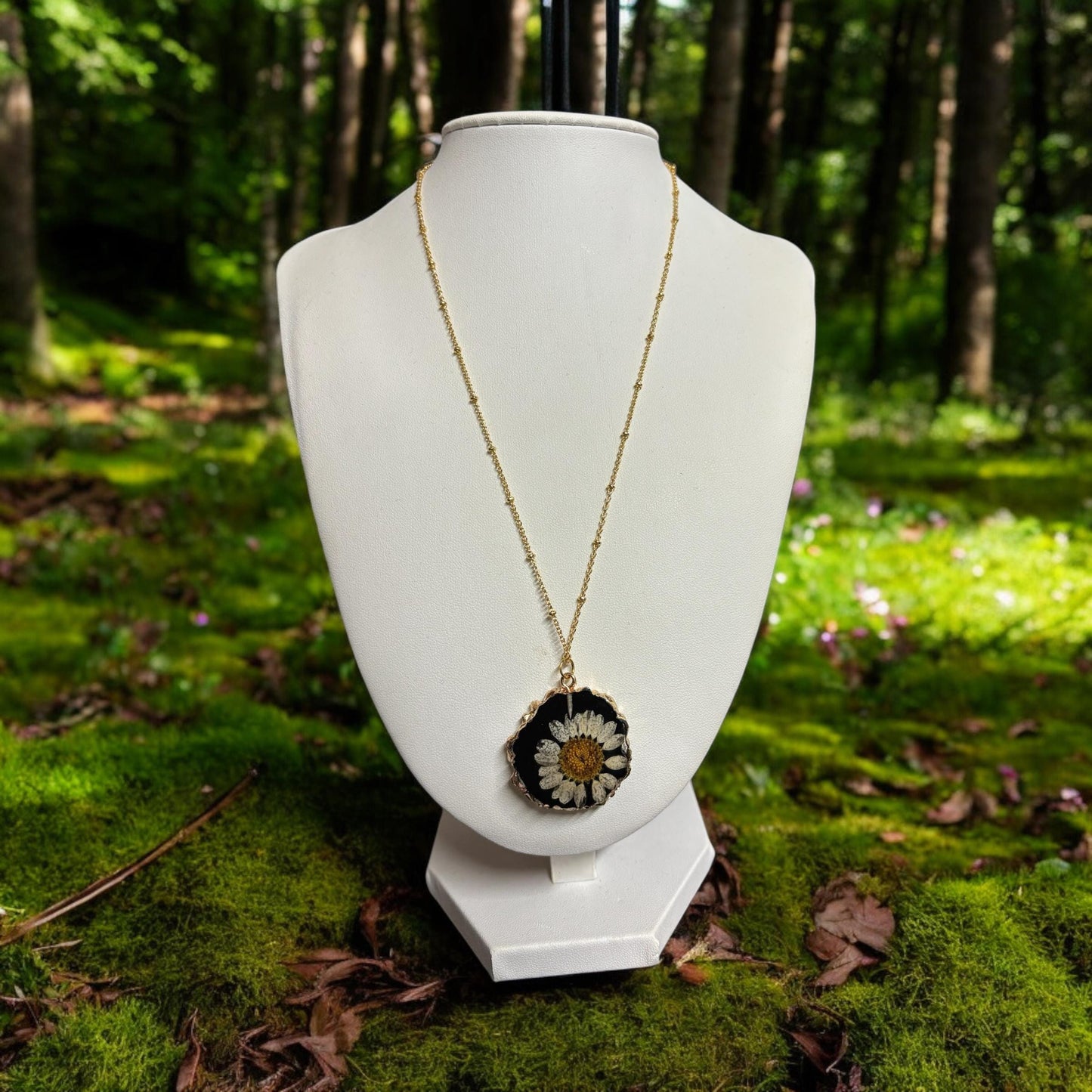 Preserved Daisy Pendant: Gold Chain Necklace