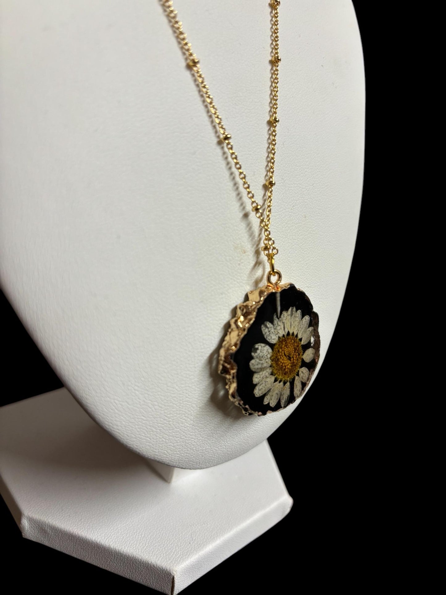 Preserved Daisy Pendant: Gold Chain Necklace