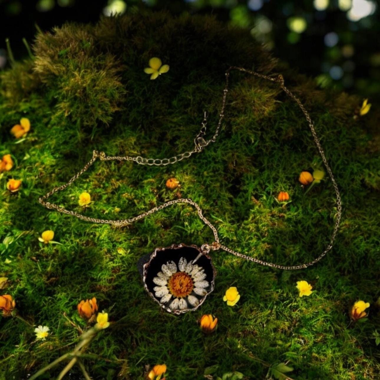 Preserved Daisy Pendant: Gold Chain Necklace