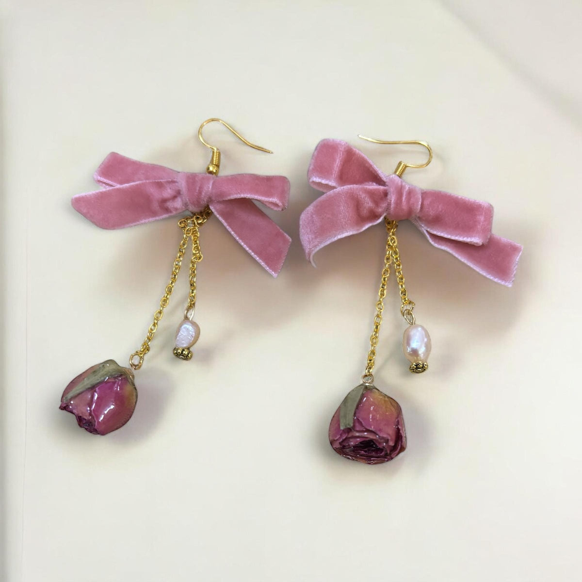 Pink Rose, Ribbon and Pearl Dangle Earrings Made From Real Preserved Rose Bud