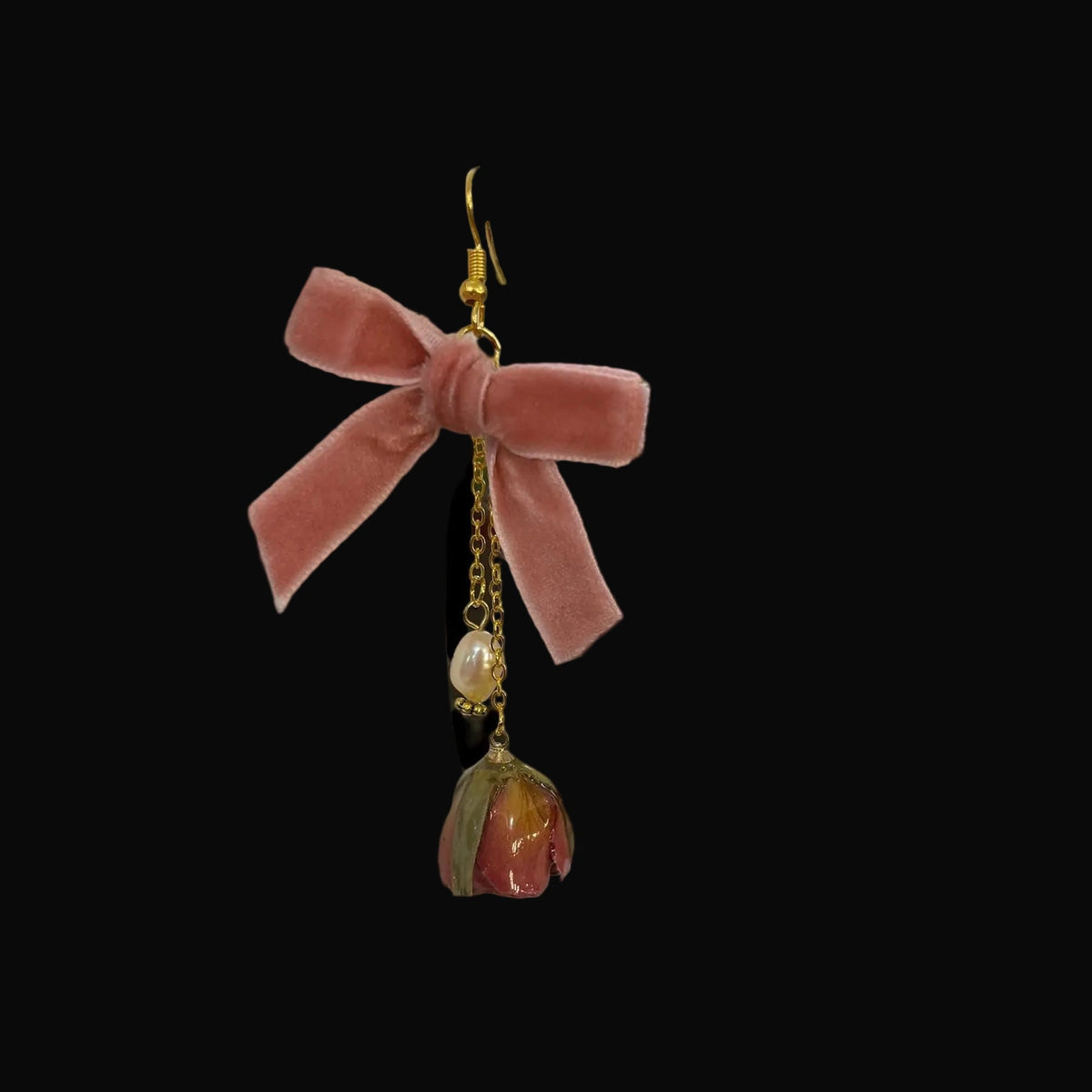 Pink Rose, Ribbon and Pearl Dangle Earrings Made From Real Preserved Rose Bud