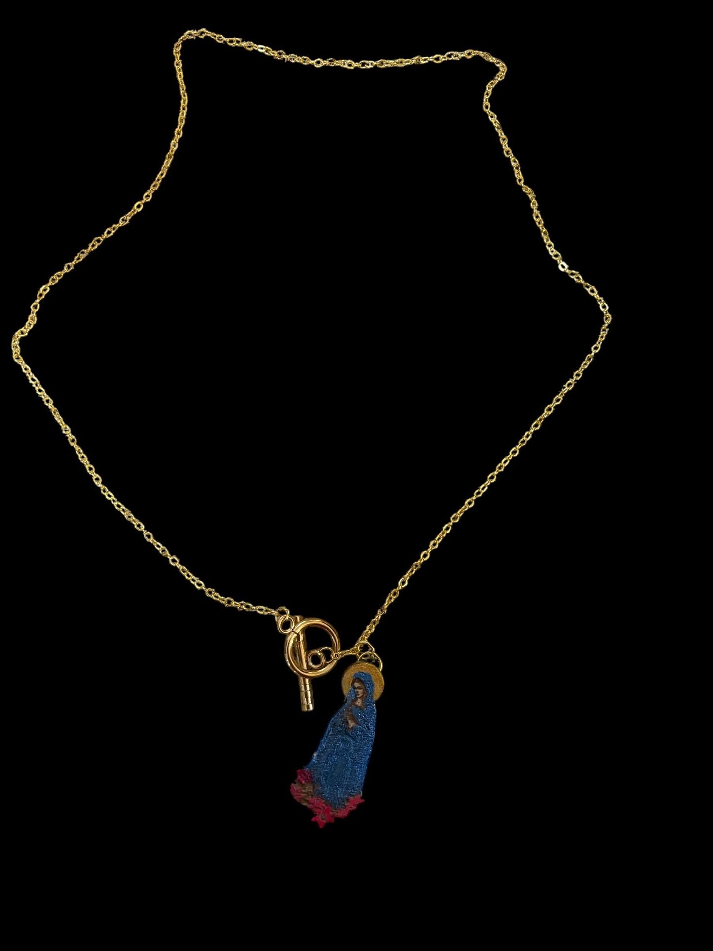 Handmade Metallic Virgin Mary Pendant Necklace: Golden Chain