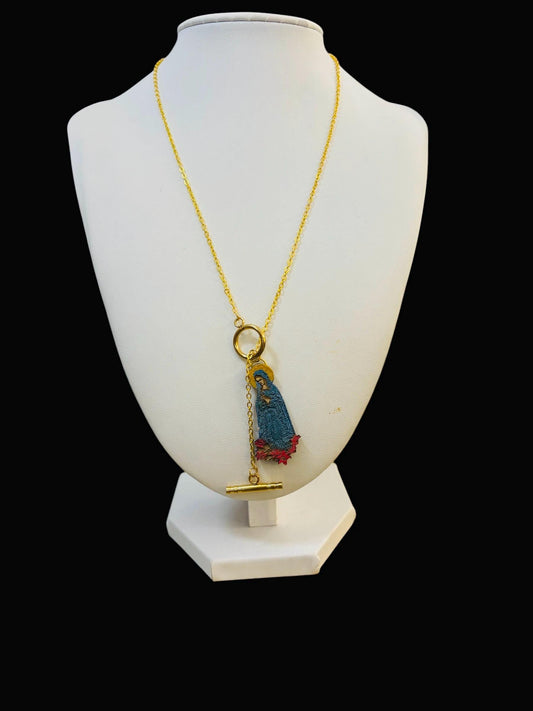 Handmade Metallic Virgin Mary Pendant Necklace: Golden Chain
