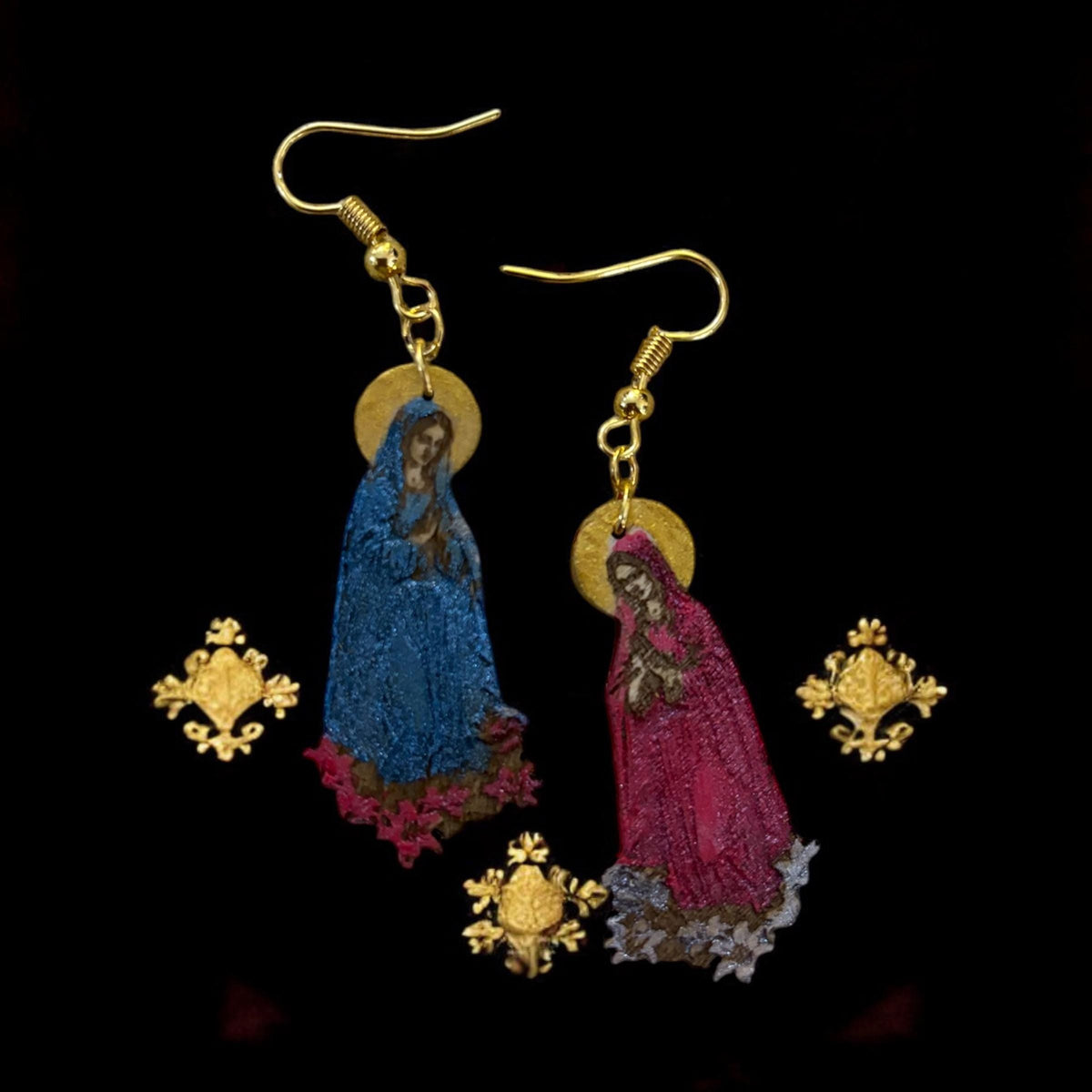 Hand-Painted Virgin Mary Dangle Earrings: Engraved Wood, Metallic Detail