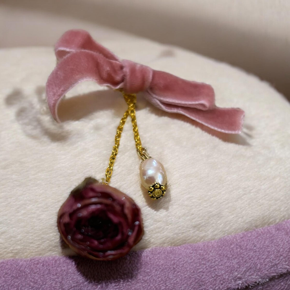 Pink Rose, Ribbon and Pearl Dangle Earrings Made From Real Preserved Rose Bud