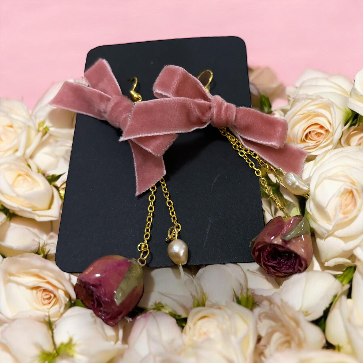 Pink Rose, Ribbon and Pearl Dangle Earrings Made From Real Preserved Rose Bud