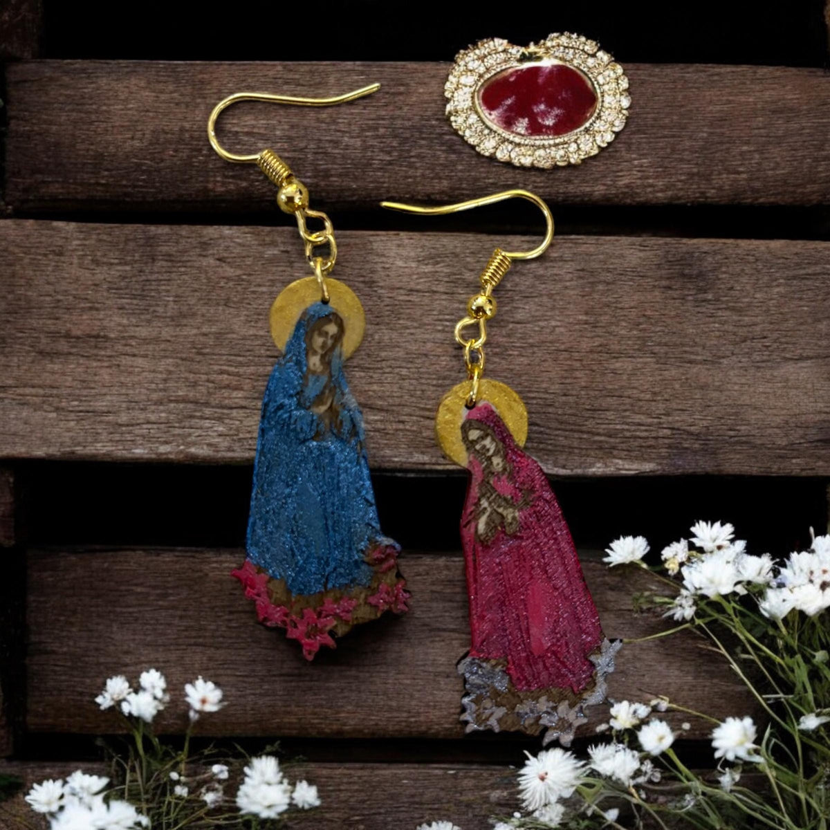 Hand-Painted Virgin Mary Dangle Earrings: Engraved Wood, Metallic Detail