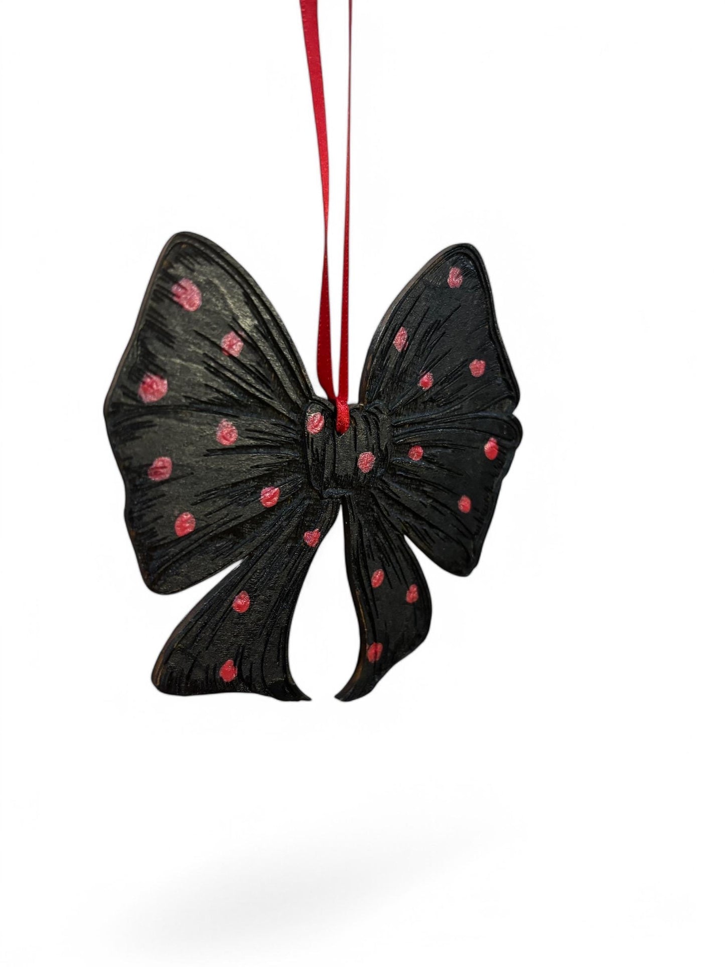 Hand-Painted Wooden Bow Ornament: Black and Red Spotted Decor